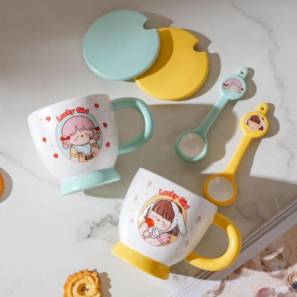 Milk Fufu Mug with Lid Spoon Comics Kids Ceramic Cup High End Couple Water Cup Internet Celebrity Breakfast Cup