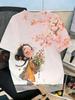 Women Light Pink T-shirt Cartoon Girl Bouquet Cherry Blossom Print Casual Crewneck Short Sleeve Daily Tops