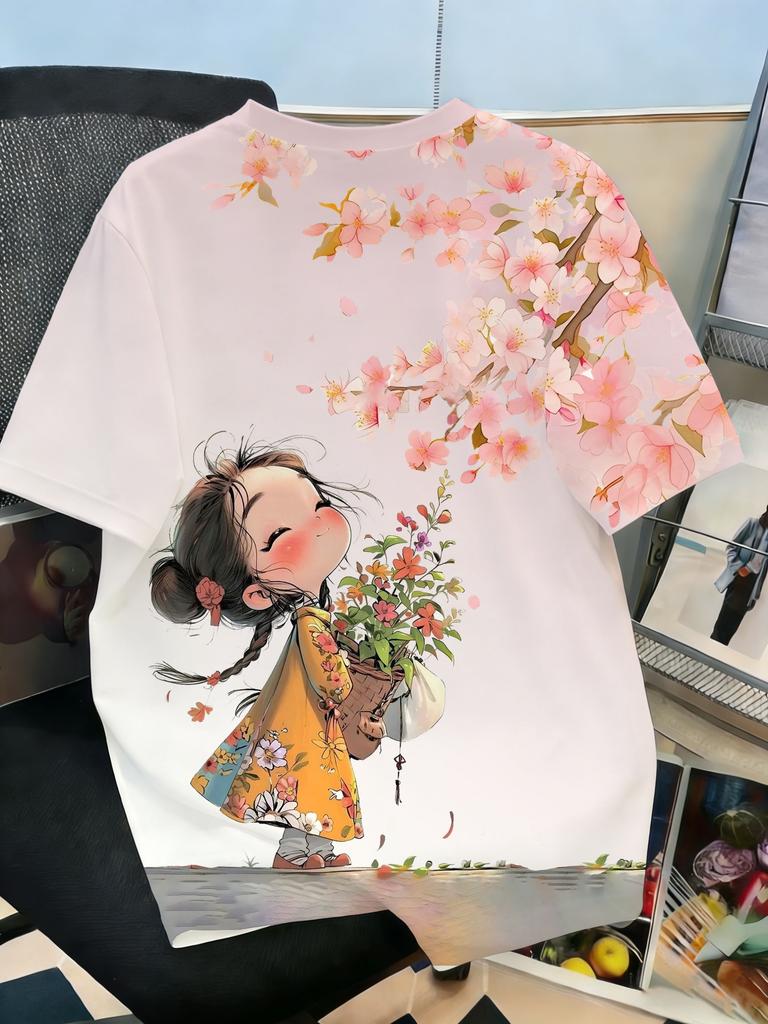 Women Light Pink T-shirt Cartoon Girl Bouquet Cherry Blossom Print Casual Crewneck Short Sleeve Daily Tops