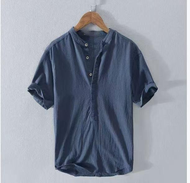 2026 Men's Summer Stand Collar Cotton Linen Short Sleeve Casual Shirt - Breathable, Loose Fit