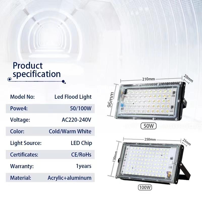 50W/100W Outdoor Waterproof LED Floodlight with European Plug, Super Bright Projection