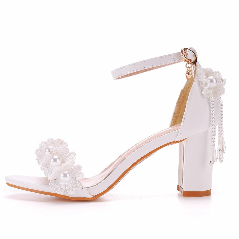 7cm Square Heel Thick Heel Shallow Mouth One-strip Sandals Beaded Tassel Flowers Bride Wedding Photography High Heel Sandals