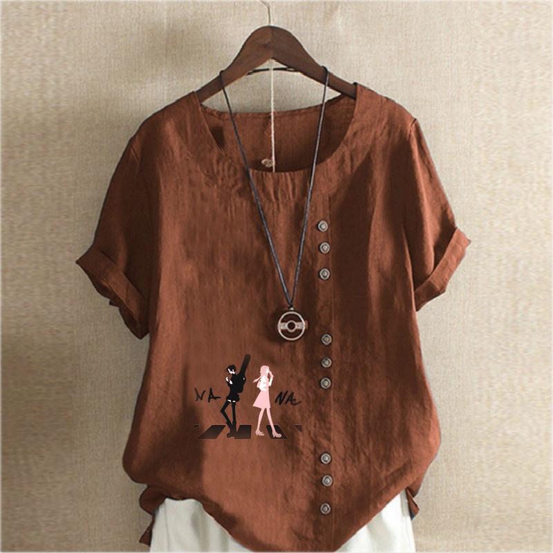 Women's Fashion Round Neck Short Sleeve T-shirt Casual Cotton Linen Graphic Shirt Leisure Loose Missing Two People Prined Summer Blouse Tops