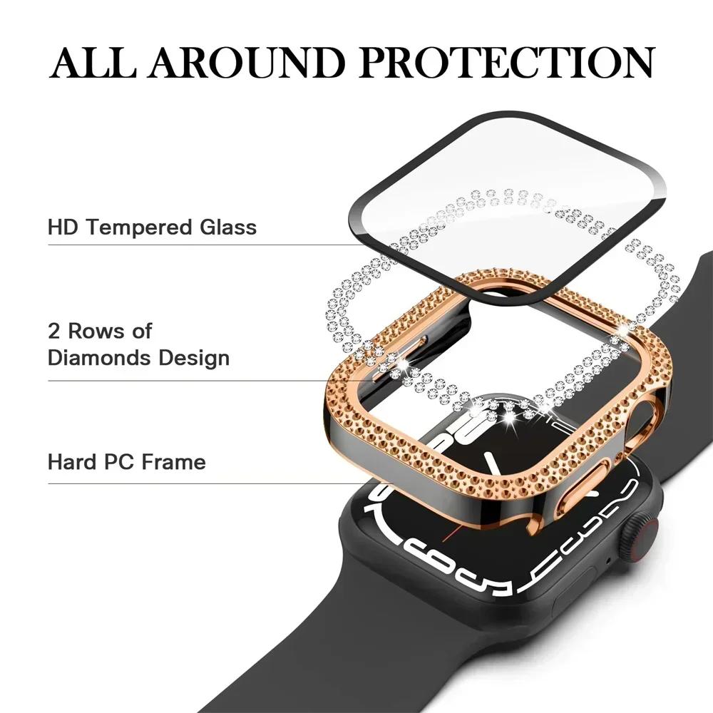 Bling Glass+Cover For Apple Watch Case 44 45mm 41mm 40 42mm 44mm Diamond bumper+Screen Protector for Series 11 10 9 8 7 5 6 SE