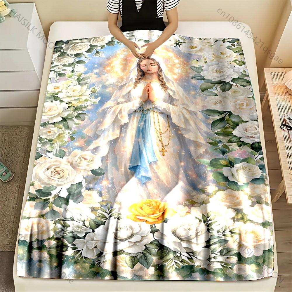 

1PC Virgin Mary with white roses Print Blanket Warm Soft Fluffy Kids and Adult Sofa Bed Throw Blanket Outdoor Travel Camping RV 75x90cm