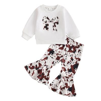 Baby Girl 2Pcs Western Outfits Long Sleeve Bow Print Sweatshirt + Flare Pants Set Toddler Clothes
