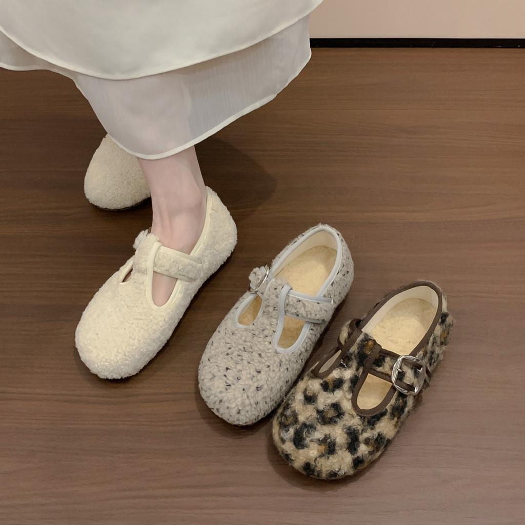 Gentle wind gray fluffy shoes outer wear year season flat soft sole velvet cotton Mary Jane shoes