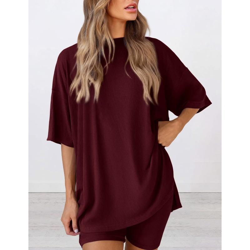 Women's Crew Neck Half Sleeve Oversized T Shirt Biker Shorts Loungewear Two Piece Pajama Set Casual Solid Outfit