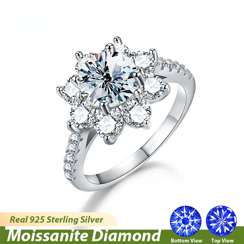 

Сверкающие 1-2 карата Муассанит с бриллиантами, свадебные кольца с большим солнечным цветком для женщин, стерлинговое серебро 925 пробы, роскошные ювелирные изделия
