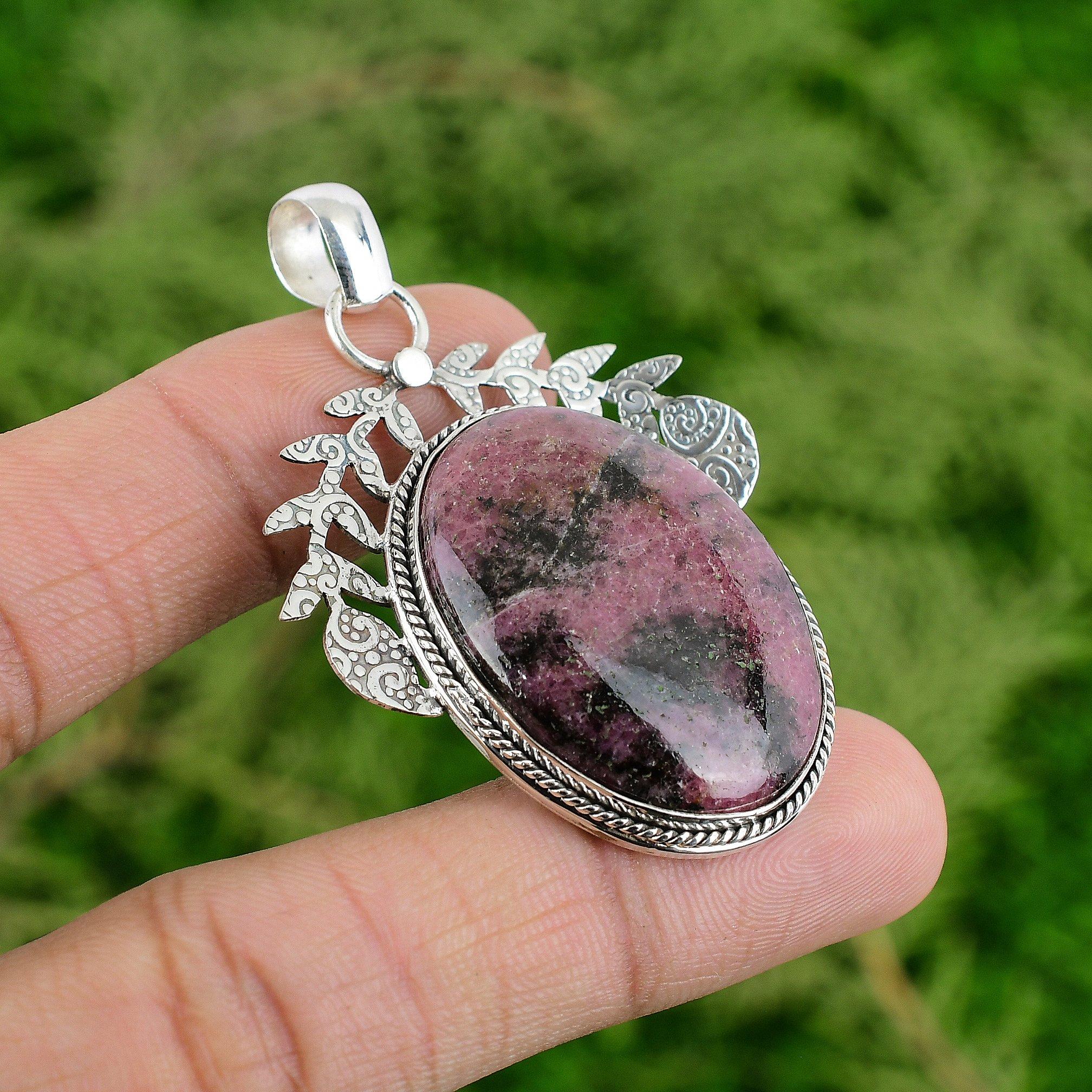 

Sterling Silver Natural Rhodonite Artisan Birthday Bezel Wedding Pendant Jewelry