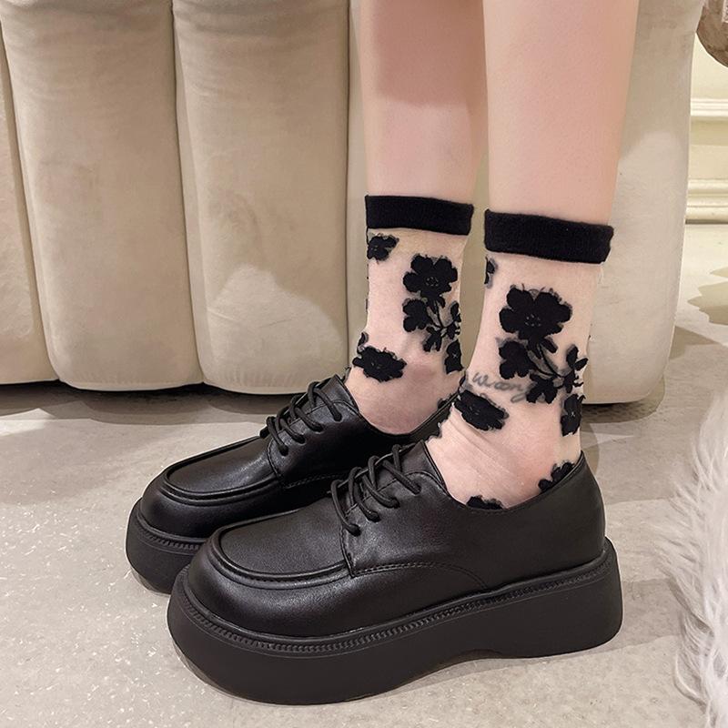 Black big head and small leather shoes women's spring new round head lace-up British college style muffin platform single shoes