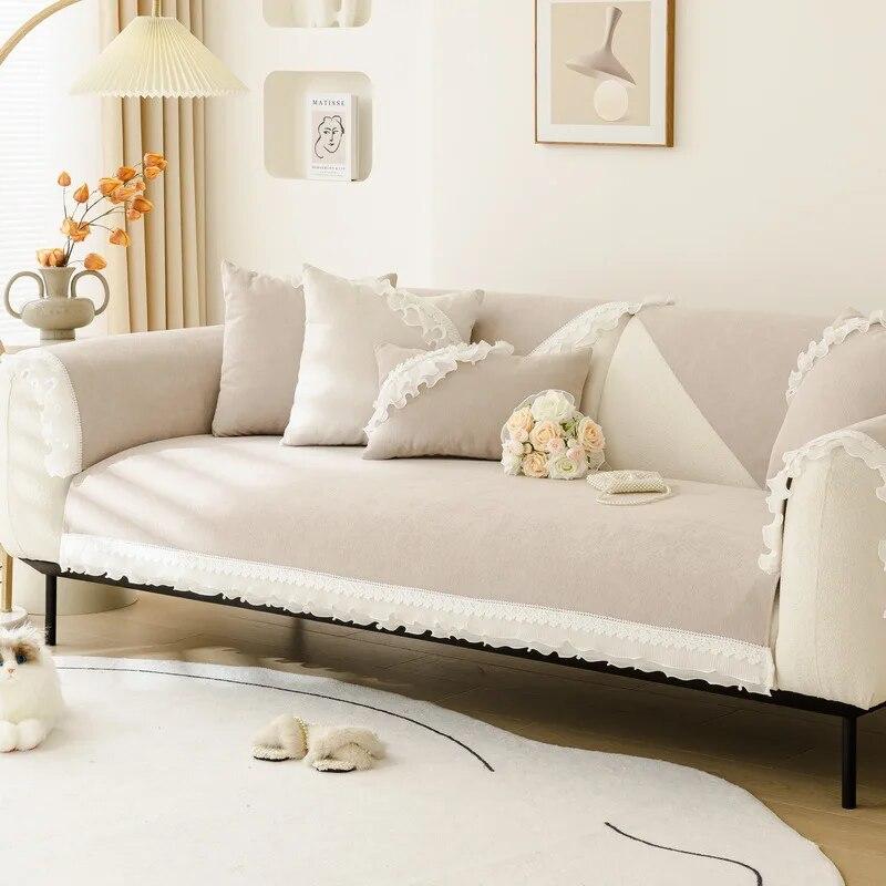 Nordic Solid Color Lace Skirt Sofa Cushion Four Seasons Universal Non-slip Leather Sofa Cover Chenille Back Cushion Cover Cloth