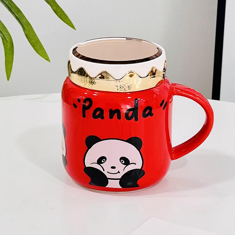 Mirror Ceramic Cup with Lid Cute Cartoon Panda Mug Household Water Cup Gift Souvenir Cup High Appearance
