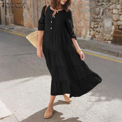 Women Casual Round Neck Loose Solid Color Long Sleeve Dress