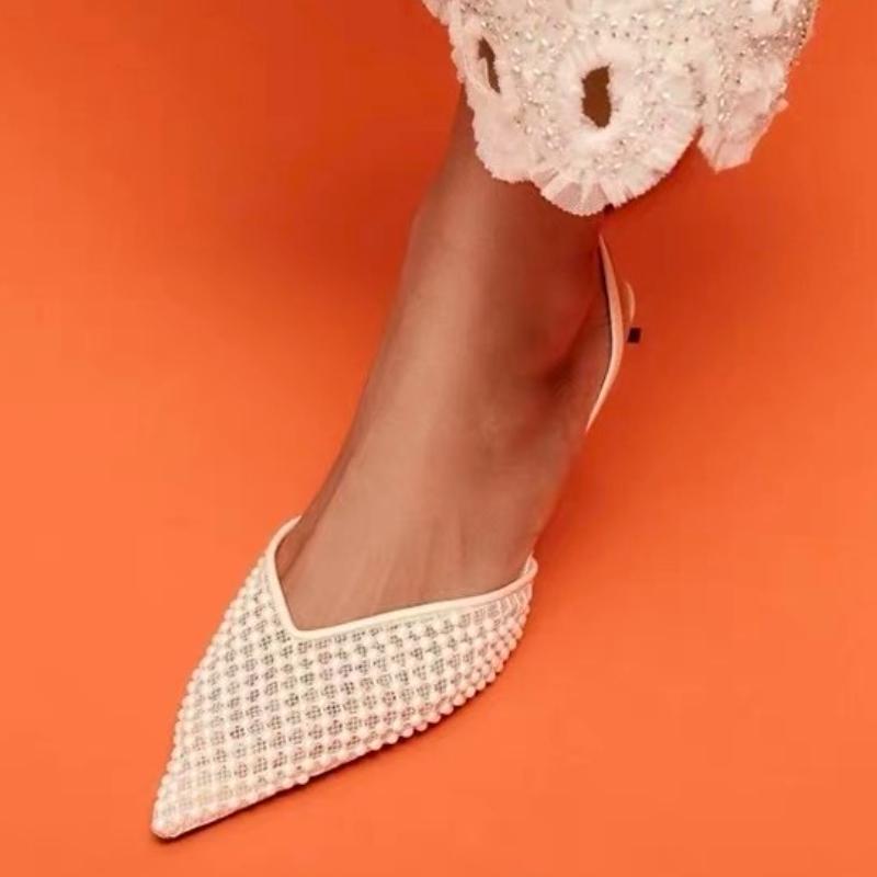 Designer Netz String Perlen Sandalen Damen Pumps Sexy Spitzschuh Elegant Slingback High Heels Luxus Bankett Hochzeitskleid Schuhe