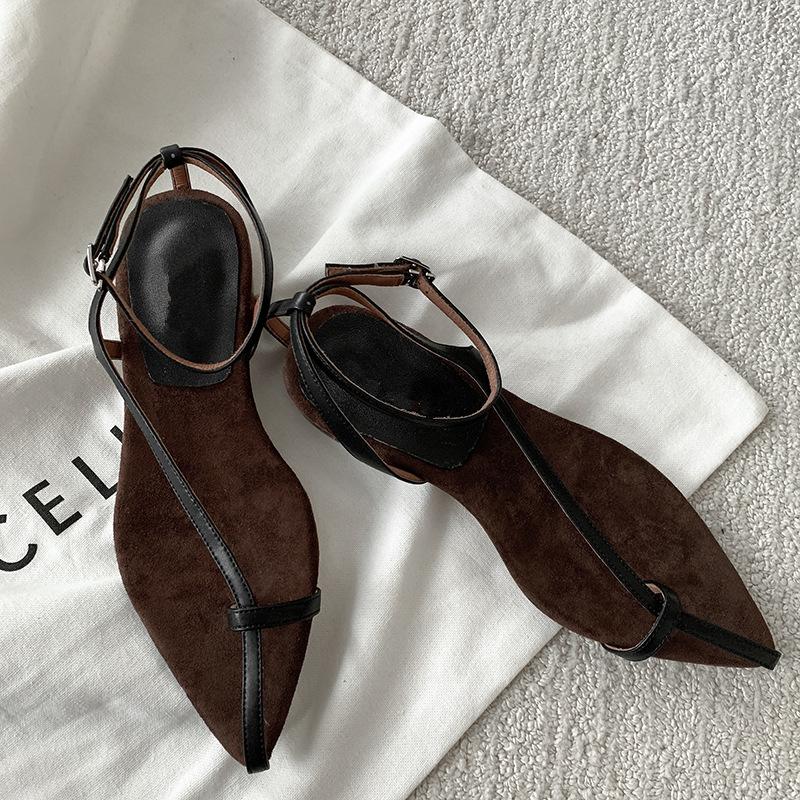 Leather French Niche Premium Sense Pointed Head Leaf Set Toe Sandals Women's Summer Vacation Low Heel Flat Heel Strap Sandals