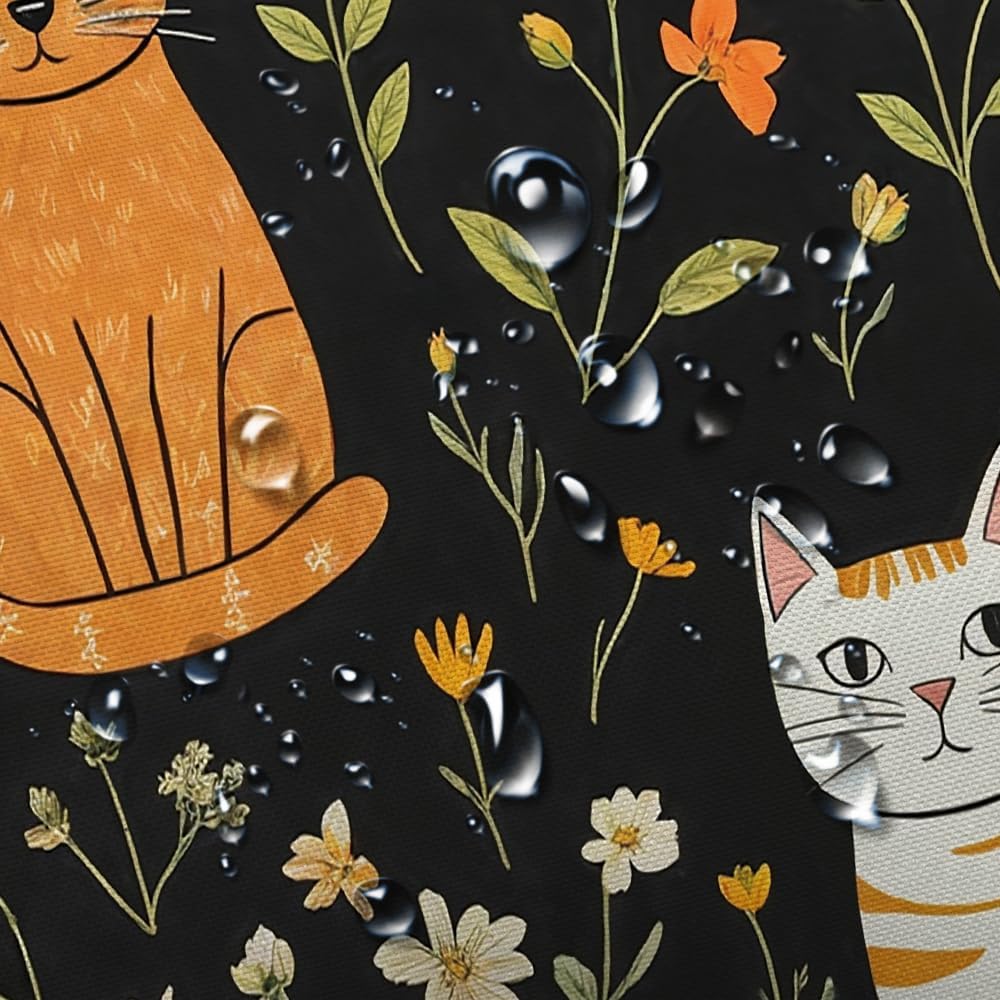 Cute Cat Shower Curtain, Funny Animal Cartoon Cat Floral Wildflower Black Fabric Shower Curtains Set For Bathroom Decorative