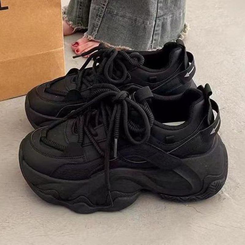 High Platform Sneakers Women Leather Dad Shoes Women Black Chunky Sneakers Thick Sole Shoes 2026 Fashion Height Increasing Shoes