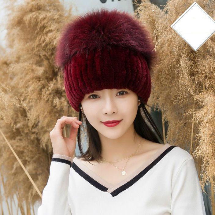 Winter Warm Women Cap Fox Fur and Rex Rebbit Fur Hat Good Elasticity