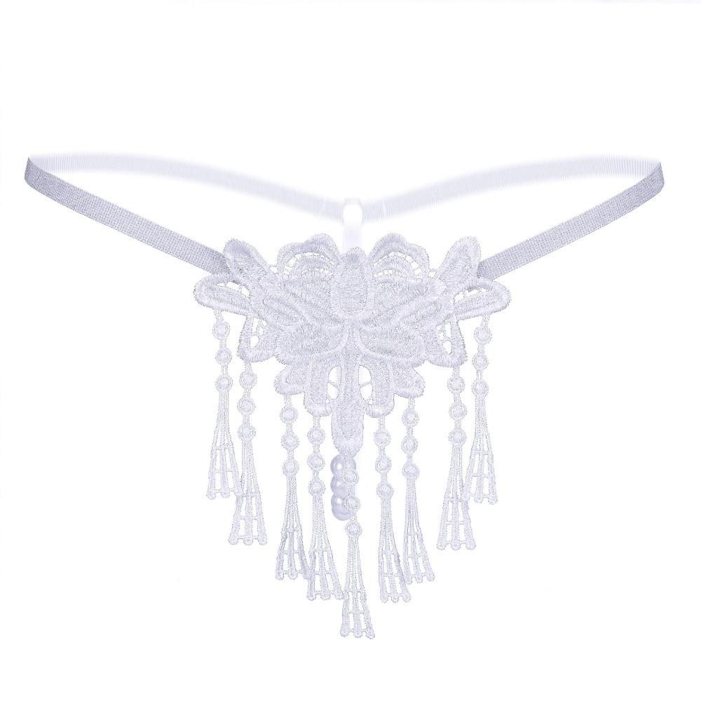 Tassel Lace Flower Panties Pearl Transparent T-Pants Cute Mesh Thongs  Women
