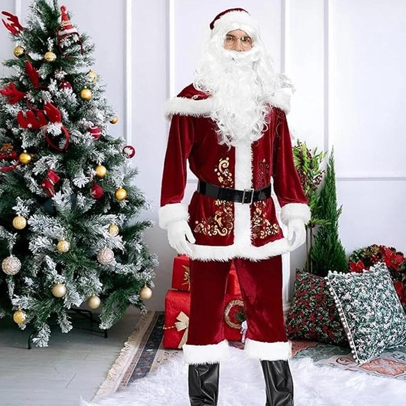 Mens Fancy Dress Warm Santa Claus Costume Adult Santa Outfit Red Cosplay Costume Set For Holiday Event Themed Gathering Cosplay