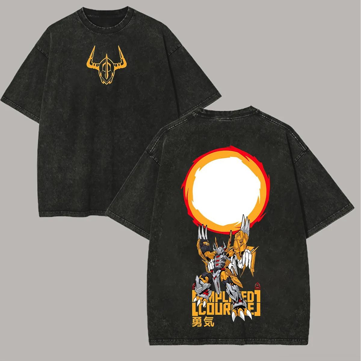 WarGreymon Gaia Force T Shirt Men Digimon Agumon Vintage Acid Wash Streetwear Oversized Retro Anime Graphic Cotton Tees M