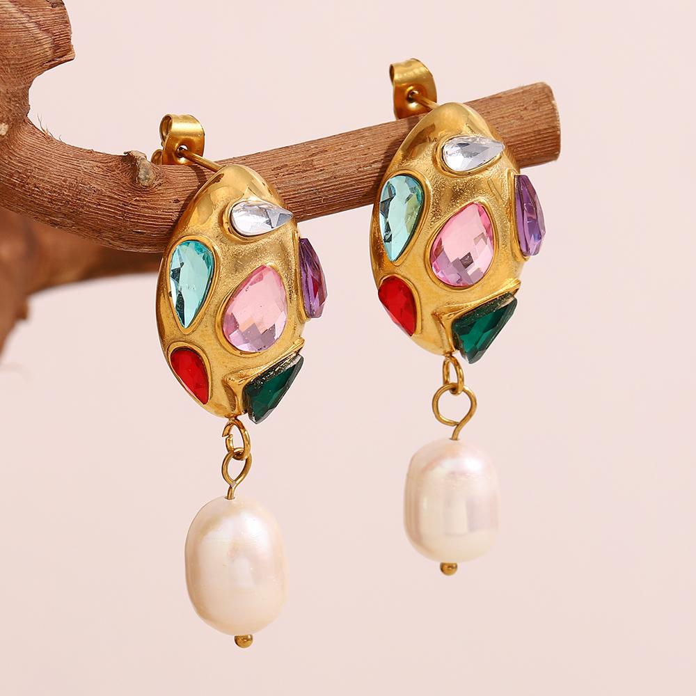 MamacitaSlay Creative Stainless Steel Multicolor Zircon Pearl Earrings Party Waterproof Jewelry Women's Charm Statement Earrings
