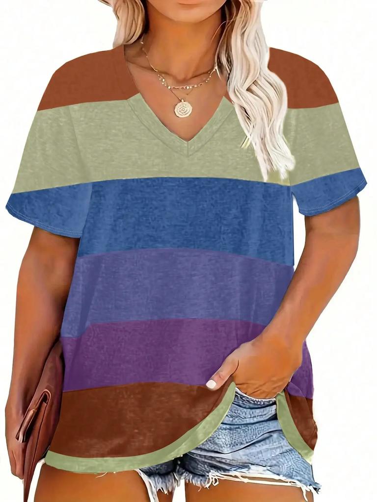 Plus Size 0XL-5XL Women's Fashion Striped Print V-Neck T-Shirt Casual Loose Short Sleeve Summer Tops
