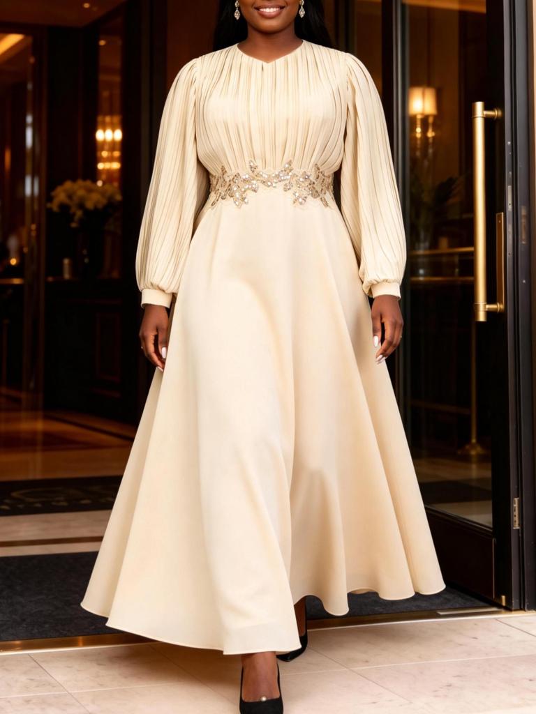 Plus Size Emerald Green Sequin Waist-Cinched Long Pleated Dress with Wide-Hem Skirt and Long Sleeves for Formal Banquets.