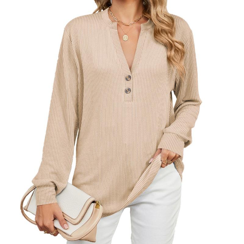 Spring and Autumn Women's Blouse Button Loose V-Neck Striped Long Sleeve Top