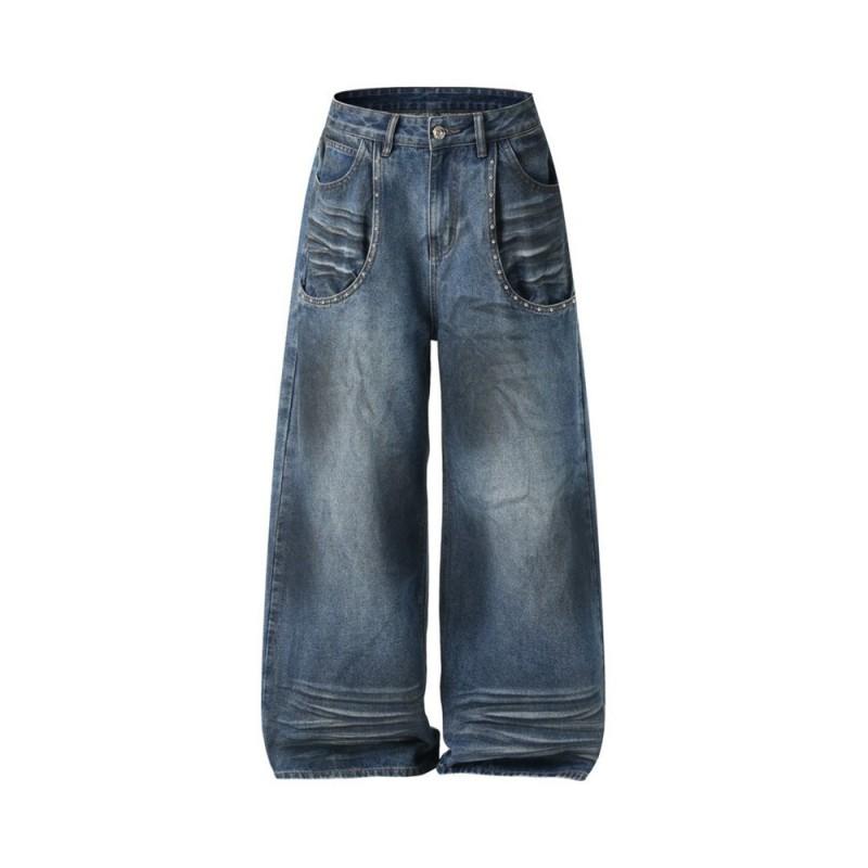 Mens Straight Leg Jeans High Street Punk Distressed Denim Pants With Rivets Pockets Casual