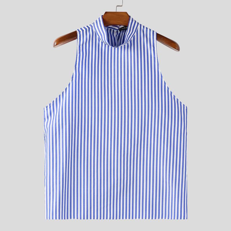 

INCERUN Мужские майки без рукавов с высоким воротом, полосатым принтом и неровной спинкой, повседневные, свободные, тонкие XL синий