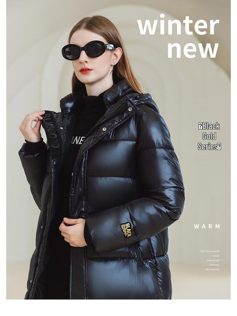 Dámská 2024 černá a zlatá vyhřívaná dlouhá bunda z prachového peří a bavlny