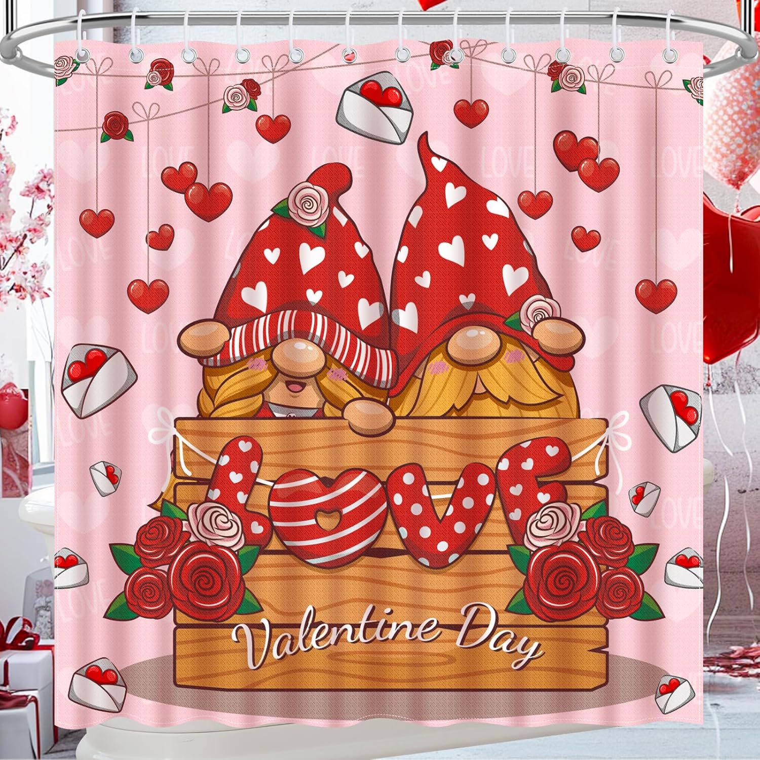 Nidoul Valentines Day Shower Curtain Gnome Valentine s Day Shower Curtain for Bathroom Valentine Romantic Red Heart Aesthetic Fabric Waterproof Cute Gnome Love
