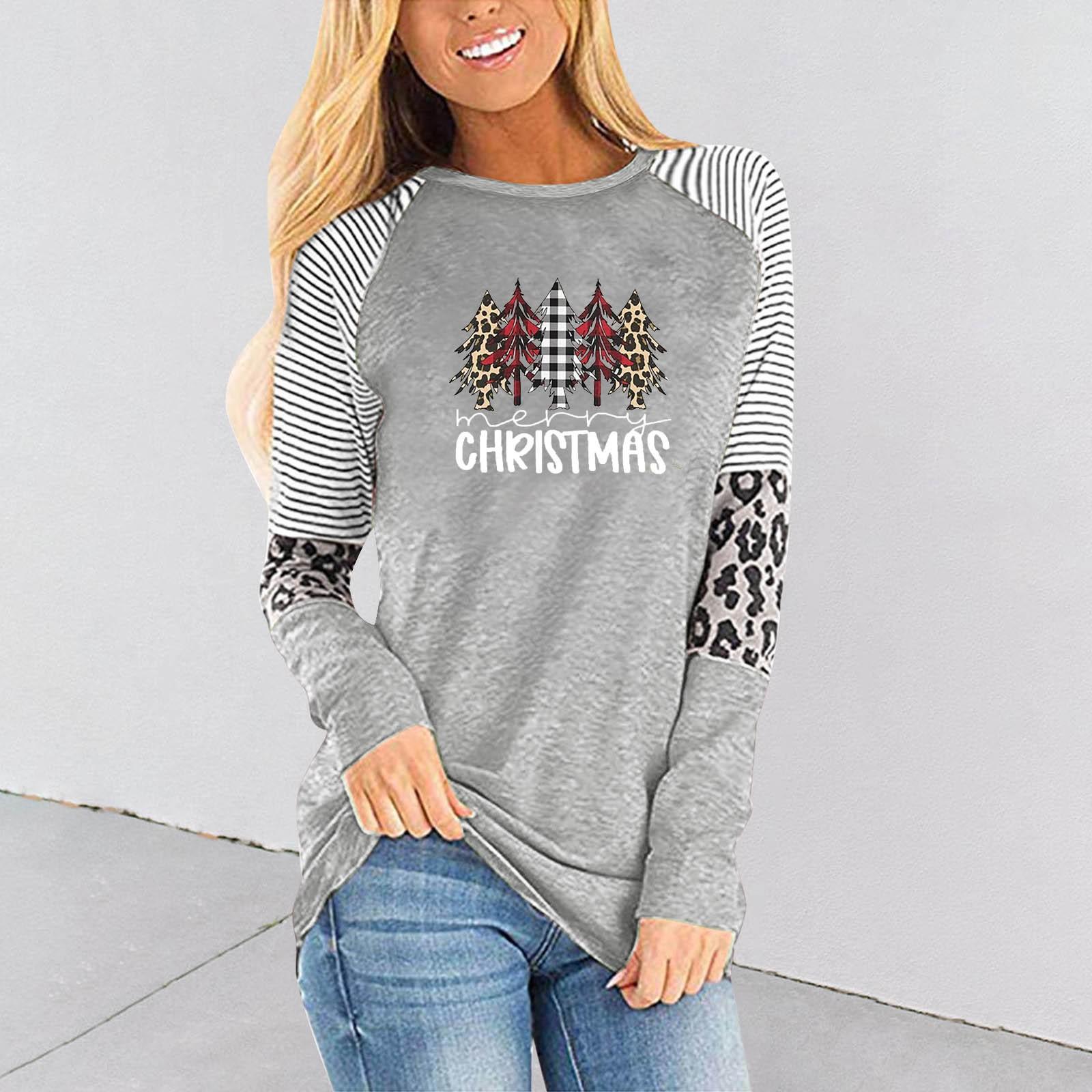 

Женская мода Лето Рождественский принт Туника с длинным рукавом Топы Повседневная блузка XL серый