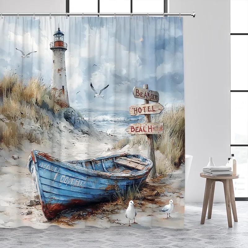 Blue Ocean Lighthouse Shower Curtains Vintage Boat Seagull Sea Waves Watercolour Art Modern Bathroom Curtain Decor With Hooks