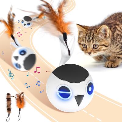 ORSDA Kattenbal Speelgoed, Automatische Vogelvormige Kattenbal, USB Opladen, Interactief Kattenbal Speelgoed met Twee Gevederde Staarten, 4 Geluids- en Touch Modes