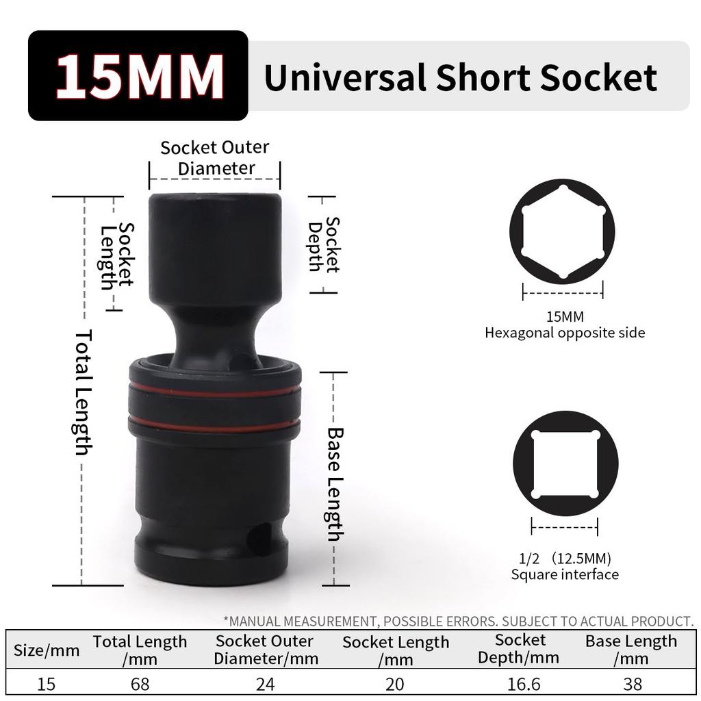 1/2inch Drive 10-24mm Universal Joint Hex Short Socket Electric Wrench Adapter 360°Swivel Impact Socket For Pneumatic Wrench