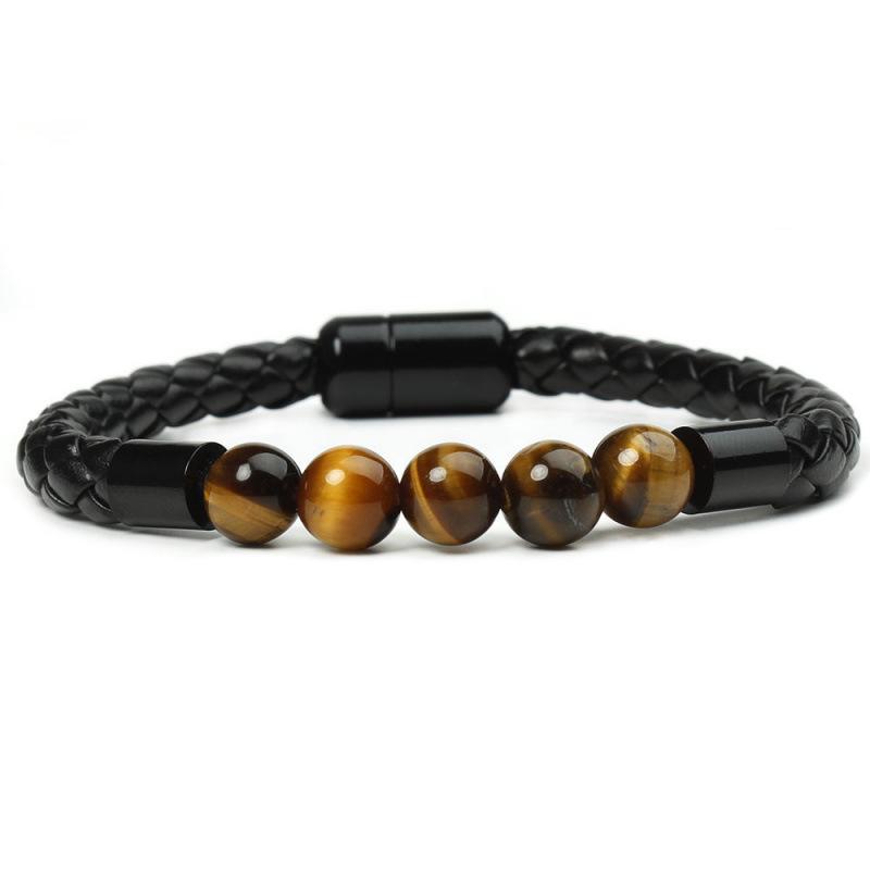 New European & American Men's Stone Beaded Leather Bracelet with Magnetic Buckle