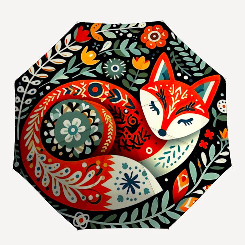 1pc Fox Art Design Pattern Automatic Umbrella Is Fashionable and Good-Looking, Suitable for Travel and Daily Use.A044