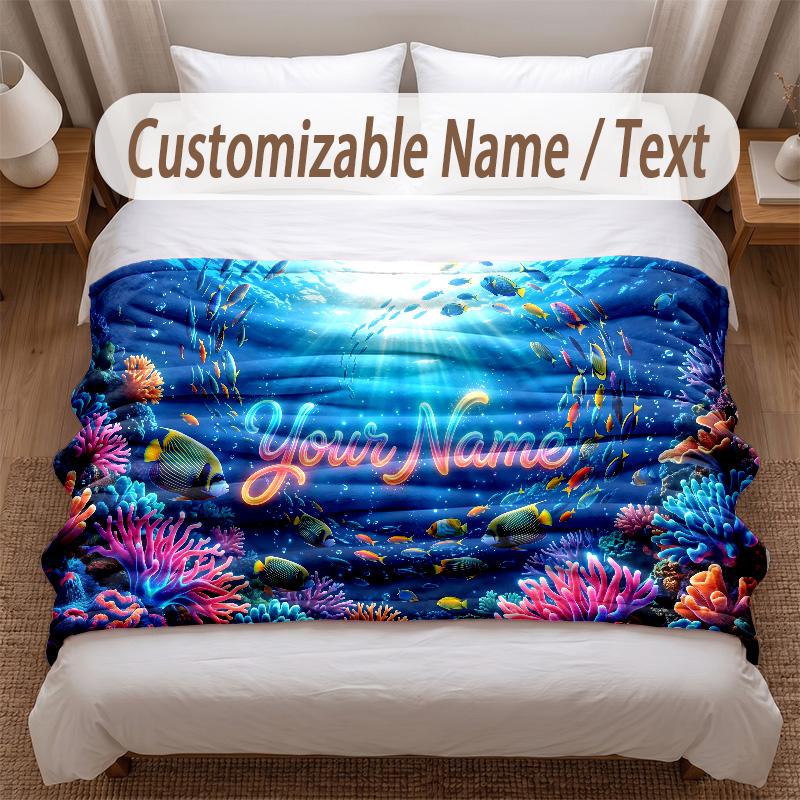 Fish Ocean Theme Soft Blanket Personalized Custom Name Text Print Warm Blanket Home Sofa Bedroom Decor