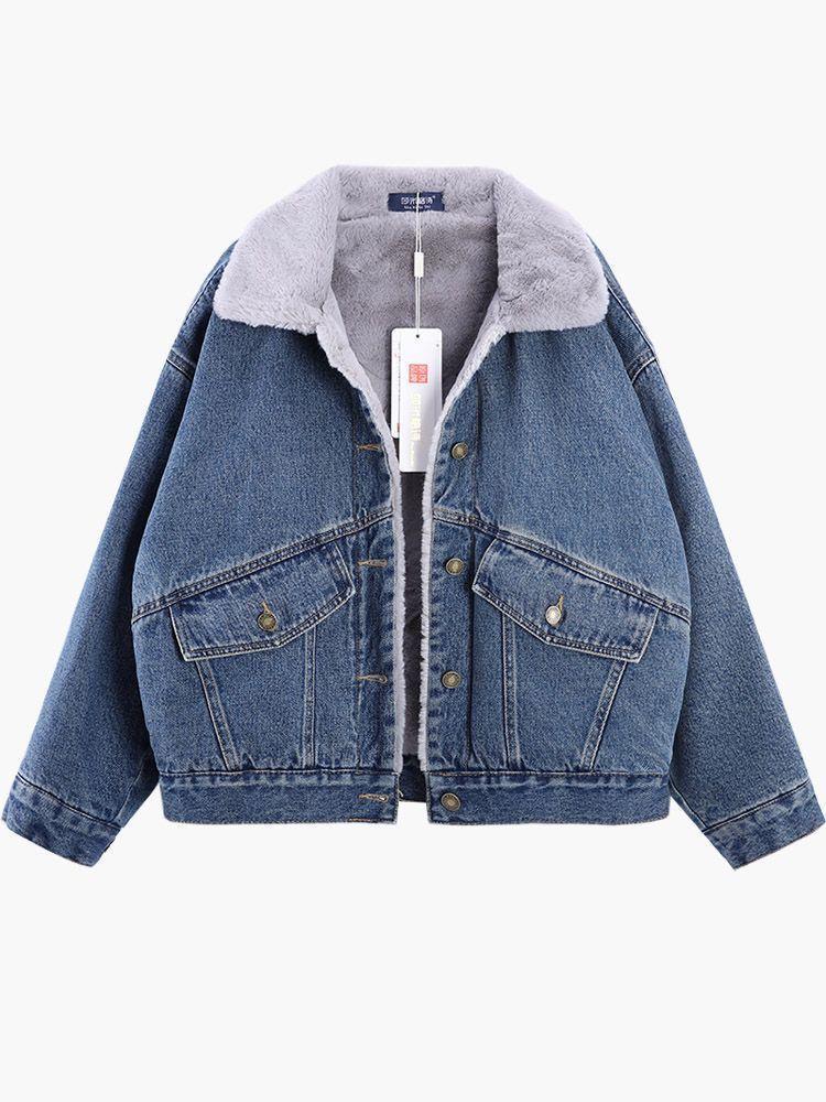 Women's Stylish Korean Velvet-Lined Denim Jacket – Warm, Casual, Loose-Fit Cotton Winter Coat