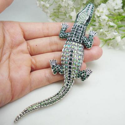Silberfarben Vintage Krokodil Tier Frau Anhänger Brosche Anstecknadel Grün Strass Geschenk Frauen Kristall Alligator Metall Brosche Schmuck