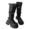[Fanfna] Pleated Pile Boots Women's Belt Buckle Thick Bottom But Knee Knight Boots Skinny and Height Boots