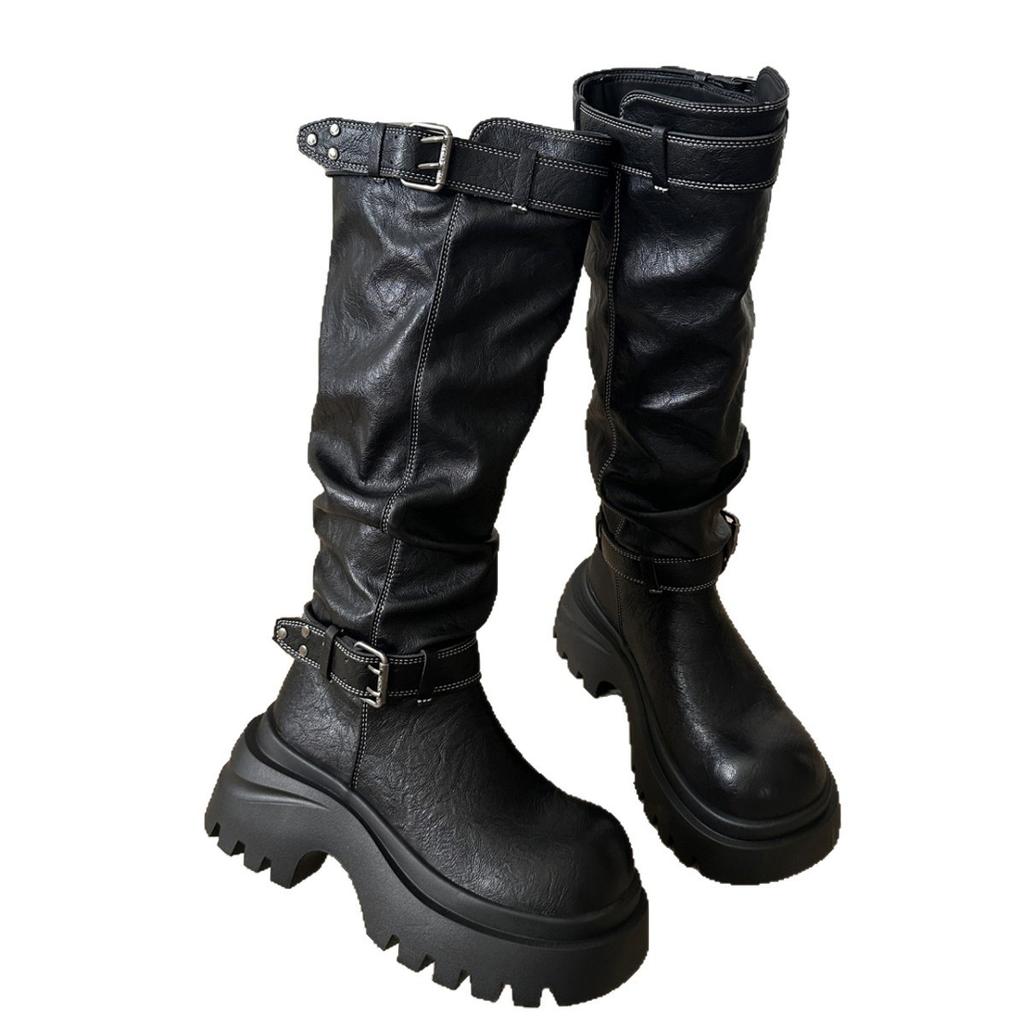 [Fanfna] Pleated Pile Boots Women's Belt Buckle Thick Bottom But Knee Knight Boots Skinny and Height Boots