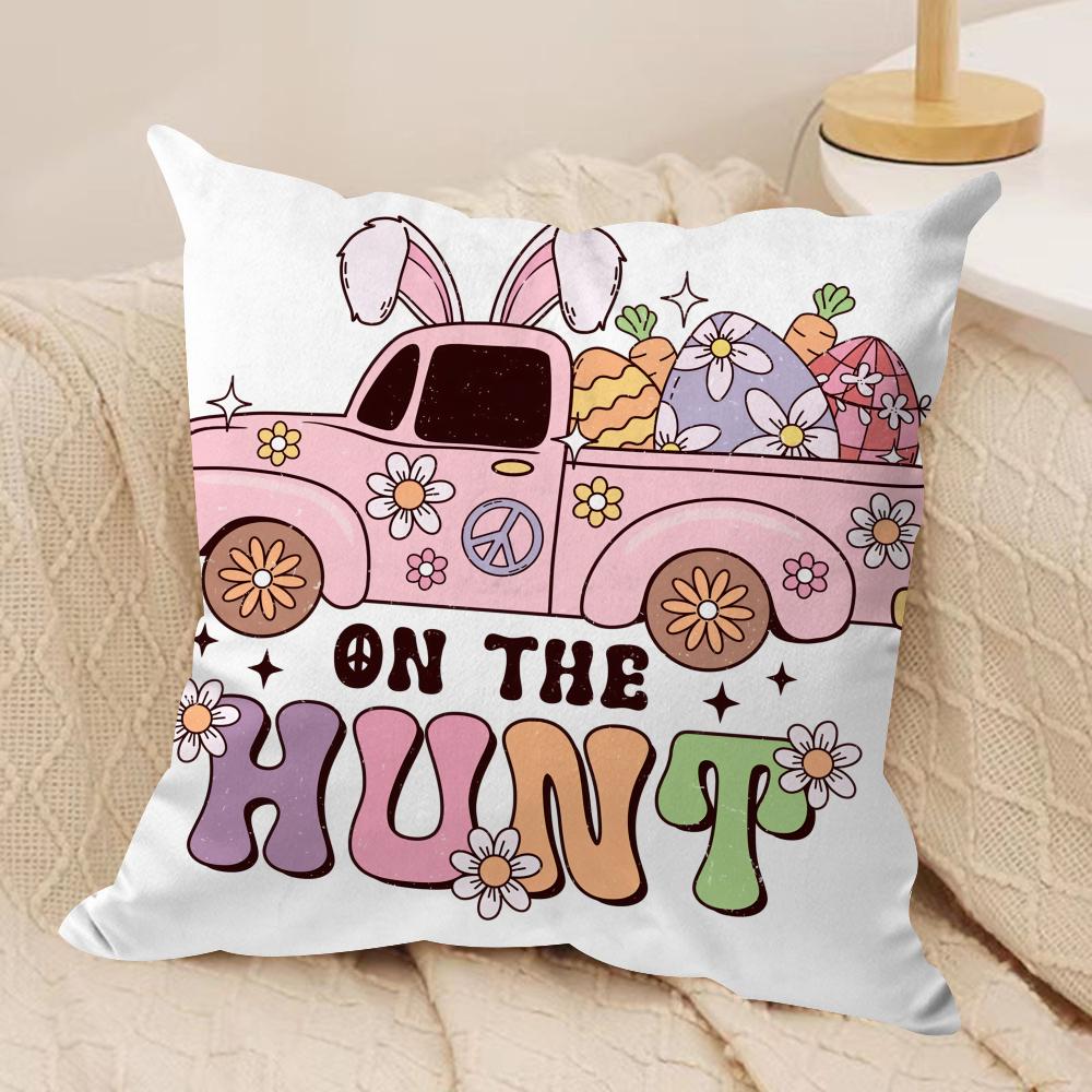 Happy Easter Cartoon Cute Cushion Cover Silky Short Plush Invisible Zipper Dustproof Sofa Pillow Case For Home Decor