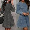 Fashion Spring Autumn Solid Color Print Long Sleeve O-Neck Casual Dresses