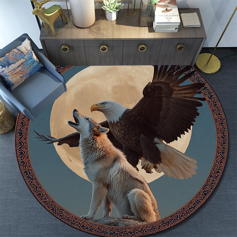 Eagle Wolf Round Area Rug,Carpet Rug for Living Room Bedroom Sofa Playroom Decor,Non-slip Floor Mat