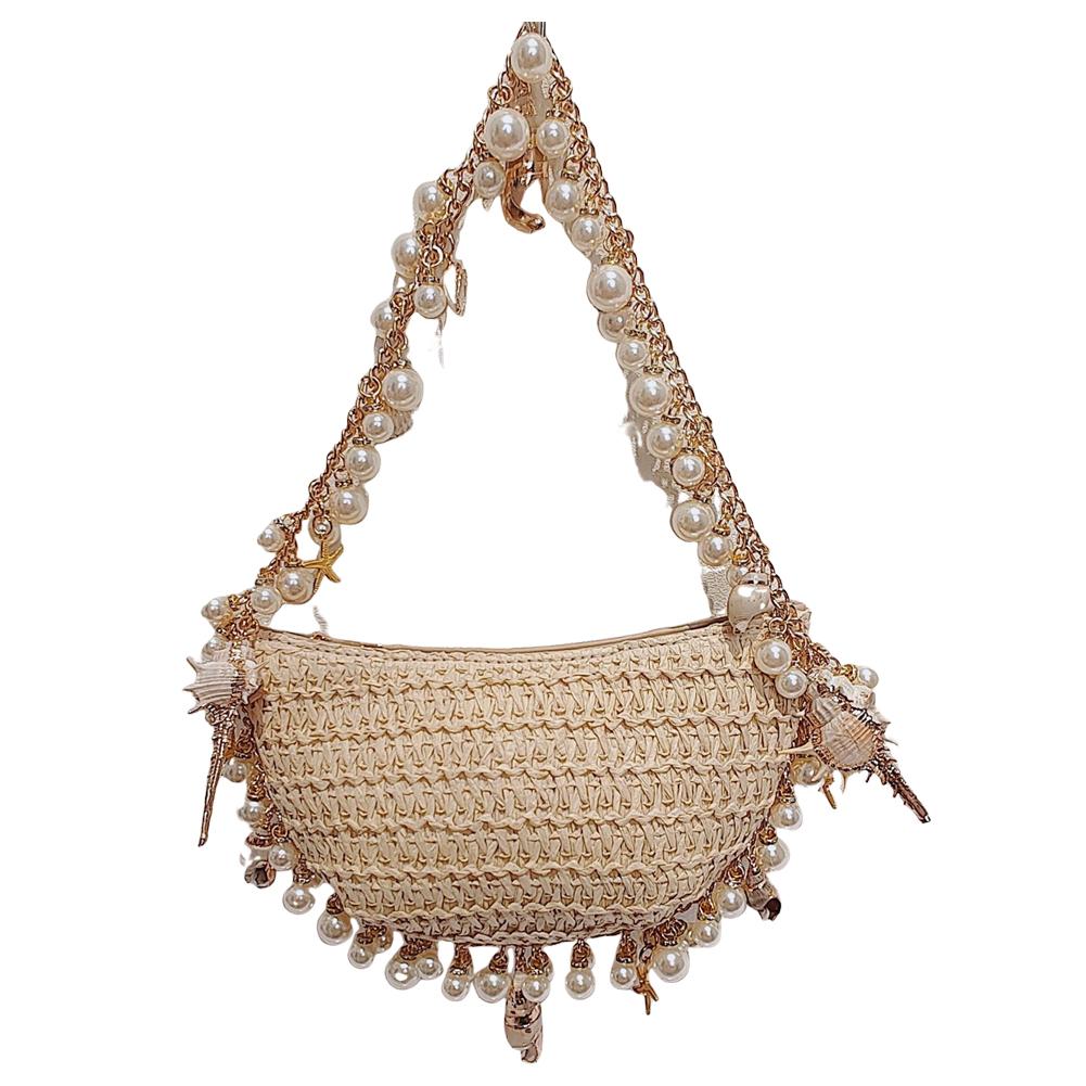 Богемная Сумка из Соломы с Жемчугом Жемчуг Ракушка Ручной Работы Женская Сумка Ручной Работы Ракушка Морская Звезда Пляжная Сумка Ротанговая Сумка на Плечо Полумесяц бежевый