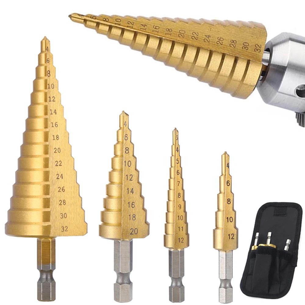 High Speed Steel Straight Groove Step Drill Bit Set, Titanium Coated Wooden Metal Hole Milling Cutter Core Drill Bit Set
